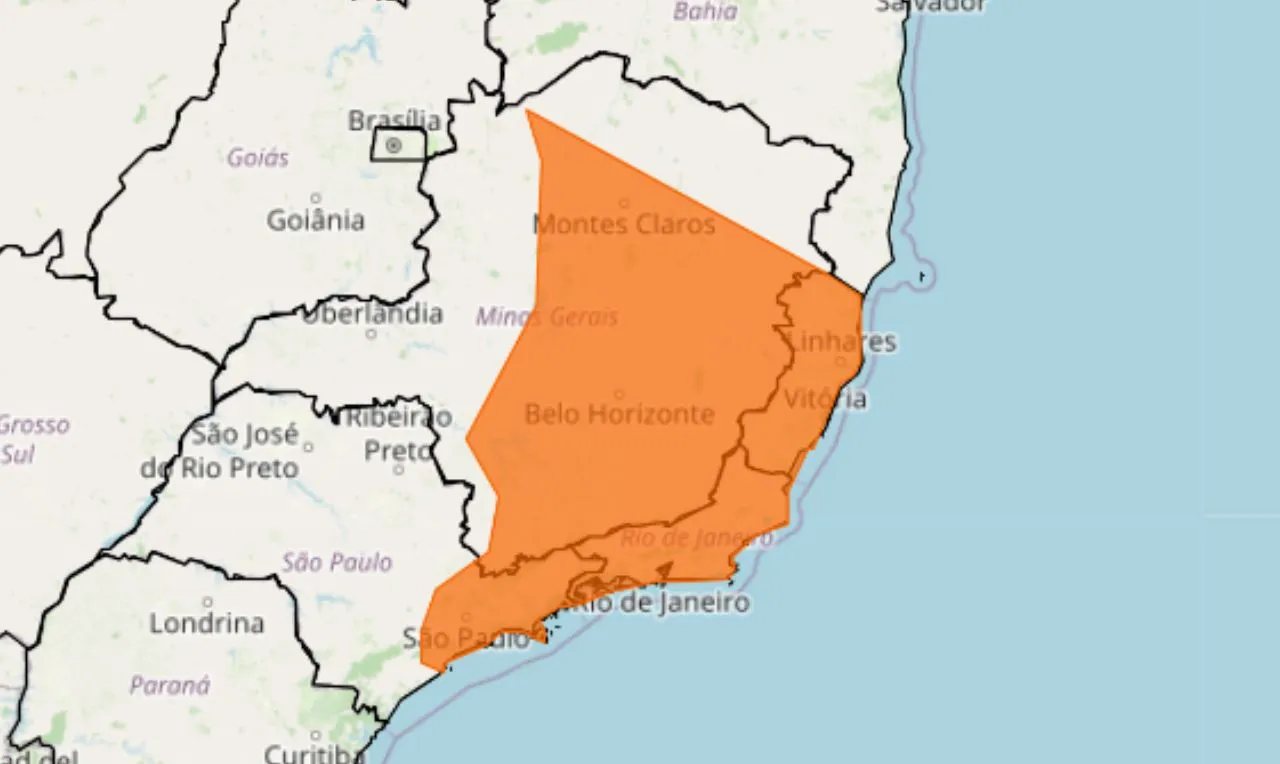 o mapa mostra &agrave;s &aacute;reas em alerta laranja para chuva intensa